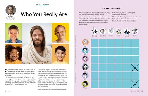 PDF of general authority message with photos of children and Jesus Christ and a logic grid activity