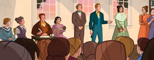 Joseph Smith meeting with Margaret, Sarah, and others to form the Relief Society of the Church.