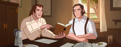 Brigham Young and Heber Kimball reading the Book of Mormon.