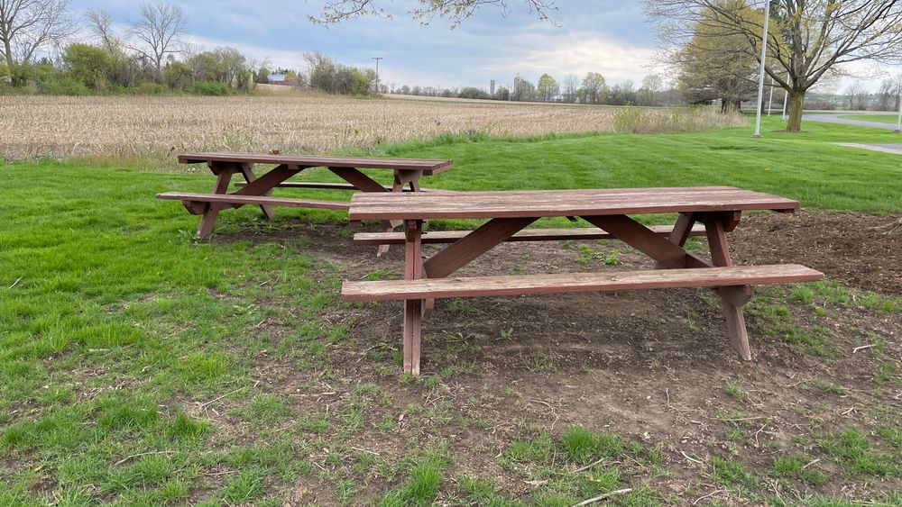 Two wooden picnic benches in a grassy area in front of a road and building. 