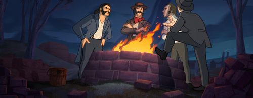 Angry men talking near a bonfire.