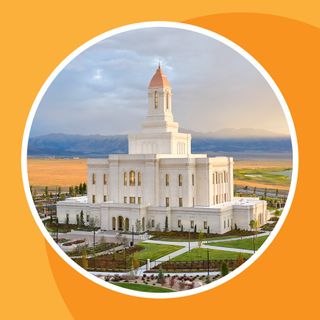 Exterior image of the Deseret Peak Utah Temple. Image highlights the temple and the grounds.