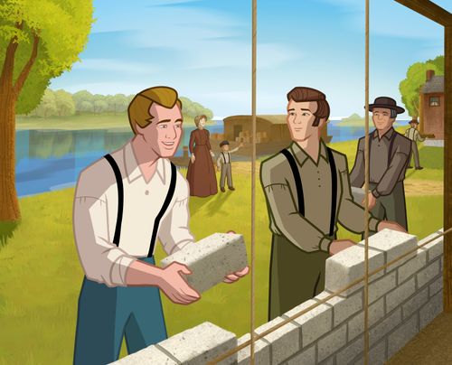 Joseph Smith and others working on a house.