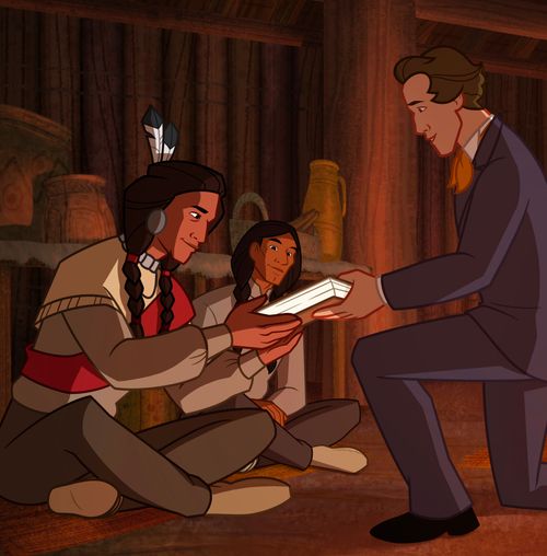 Oliver giving a copy of the Book of Mormon to Kikthawenund.