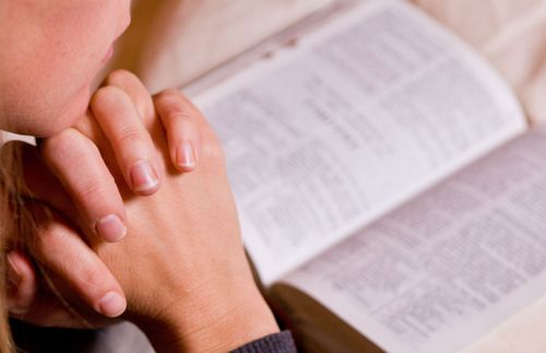 person, with hands folded, looking at scriptures