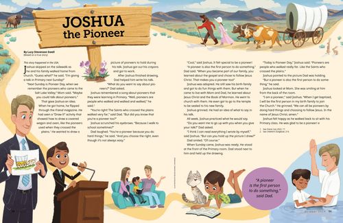 Story PDF with images of a boy reading scriptures, getting baptized, and giving a talk about pioneers