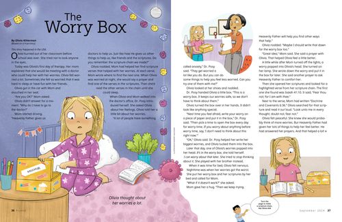 Story PDF with illustration of a young girl on her bed with a box