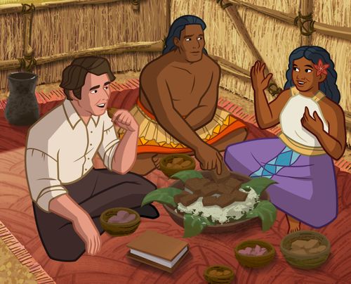 Telii and Nabota sharing a meal with one of the missionaries.