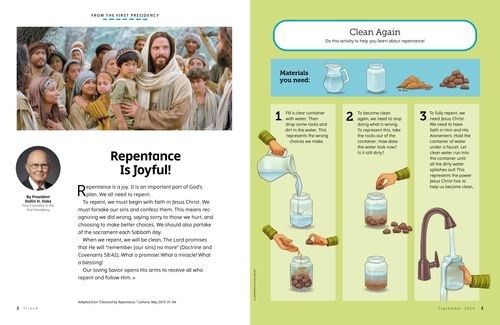 Article PDF with images of Jesus Christ with children, plus an activity with a jar of water and rocks