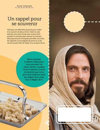 Activité de découpage d’une affichette de porte avec une image du Sauveur.